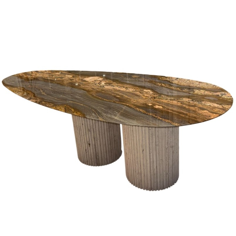Mesa de Jantar Orgânica Pés Cilíndricos em Pedra e Tampo em Pedra